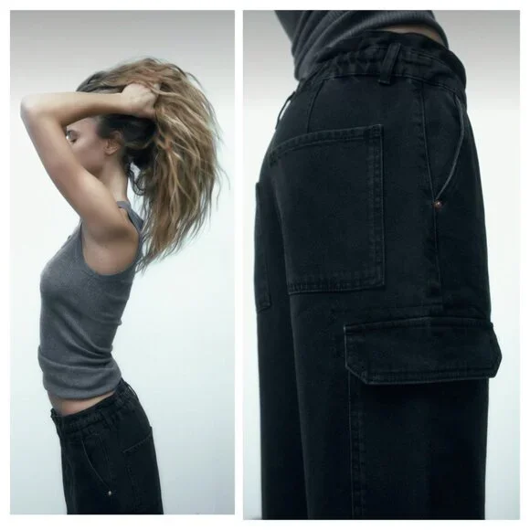 ZARA High Waist Baggy Fit Paper Bag Carrot Leg Ankle Rigid Black Womens 6 - Picture 3 of 16